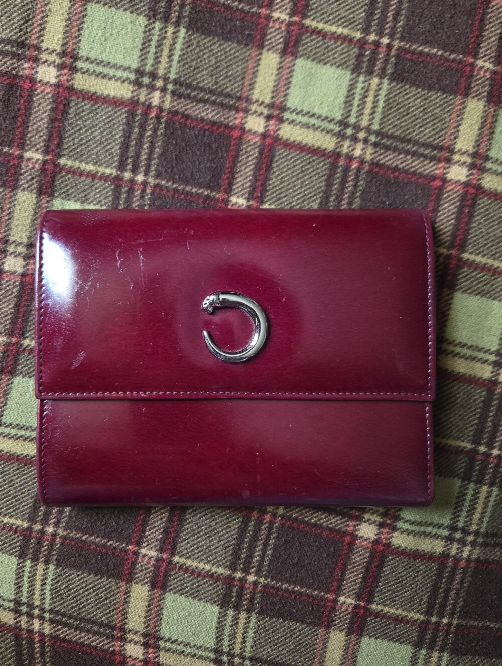Vintage Cartier Panthere Tri Fold Wallet Burgundy Silver Panther Hardware